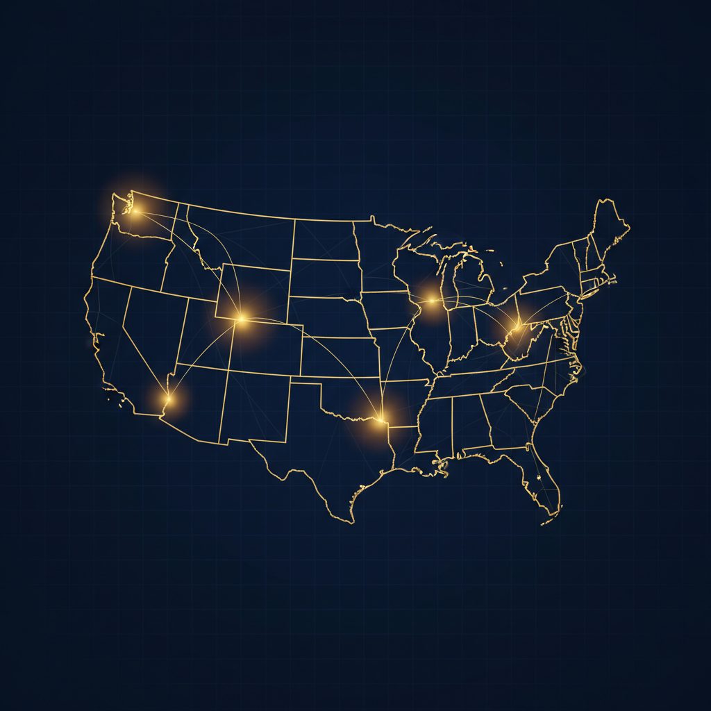 Map of the United States highlighting the five states where The Scaffold Initiative is active